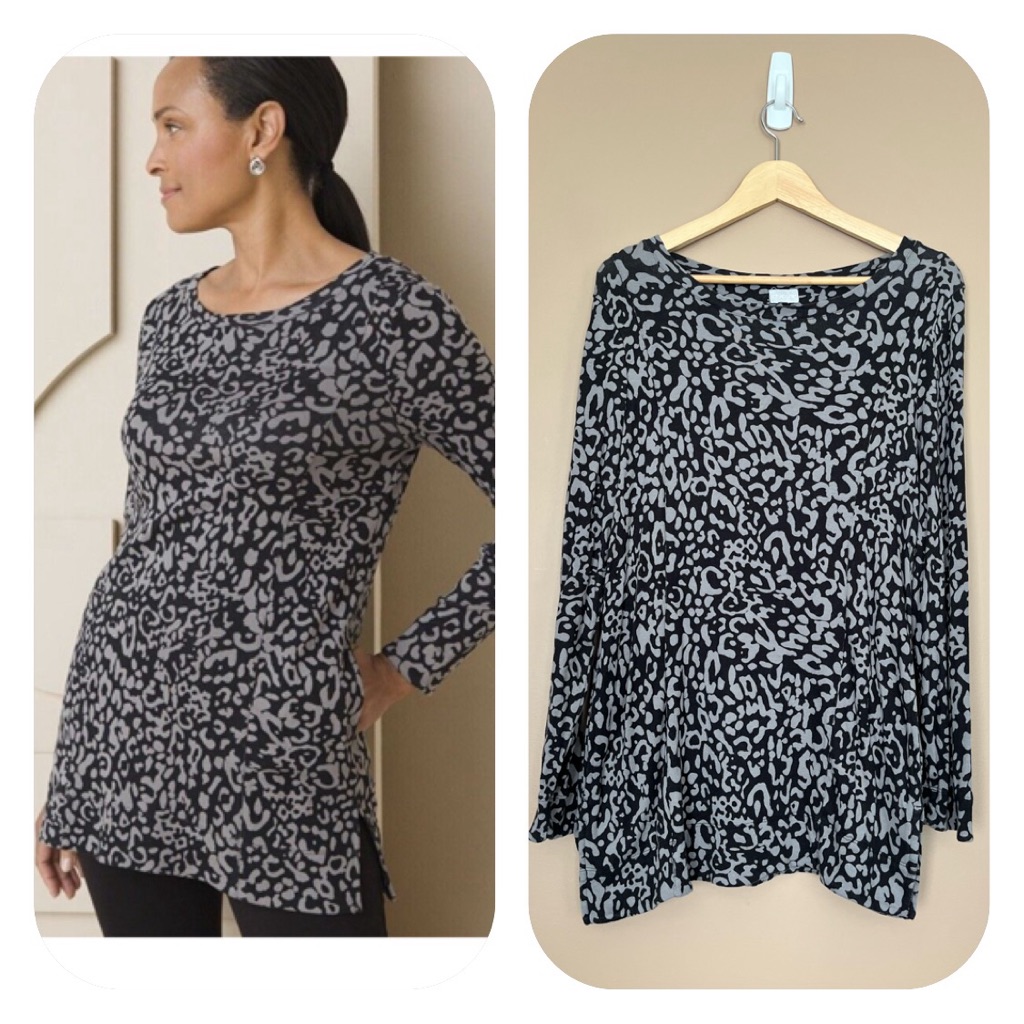 {Chico's} Animal Print Long Sleeve Tunic Top In Black & Grey - Womens Medium
